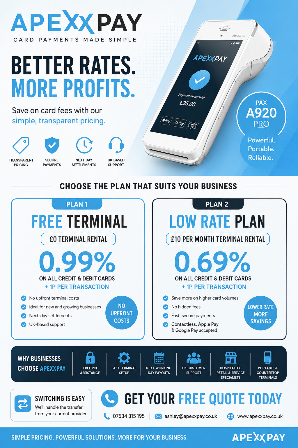 Apexxpay branded portable card terminal from the business product flyer
